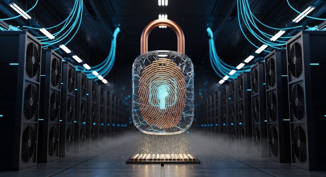3D Biometric Padlock with Glowing Fingerprint in a Dark Server Room Environment