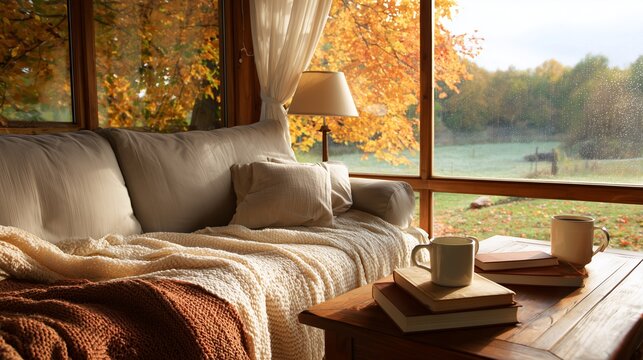 Cozy living room with warm colors and autumn view through the window