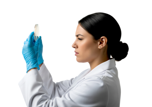 Focused female scientist examining petri dish sample, professional researcher analyzing biological culture with serious concentration, isolated on transparent background.
