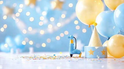 Festive birthday party decorations featuring balloons, confetti, and a party hat. The scene is set with a soft, blurred background and warm lighting, creating a