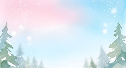 Watercolor Winter Landscape with Pine Trees and Bokeh Lights Background