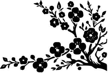 Cherry blossom tree silhouette, floral branch artwork, black flower illustration, spring botanical design, Japanese sakura bloom, nature clipart vector