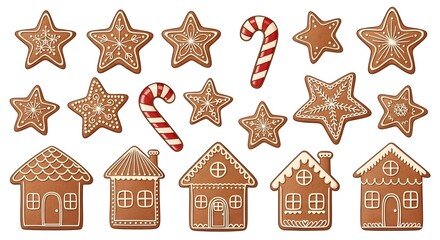 Set of decorated Christmas gingerbread cookies including star shapes, traditional houses, and candy canes, isolated on a white background