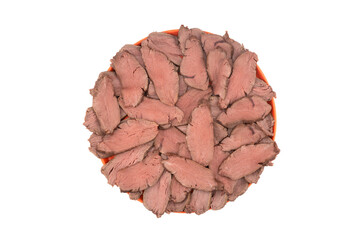 Beef fillet meat isolated on white background. Slices of tenderloin. Beef meat fillet mignon isolated.