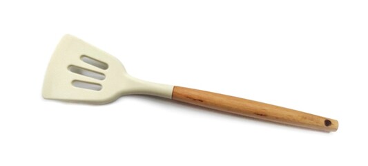 White Silicone Slotted Spatula with Wooden Handle. Cooking Preparation. Isolated on White Background