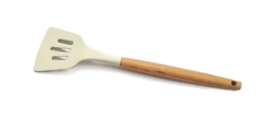White Silicone Slotted Spatula with Wooden Handle. Cooking Preparation. Isolated on White Background