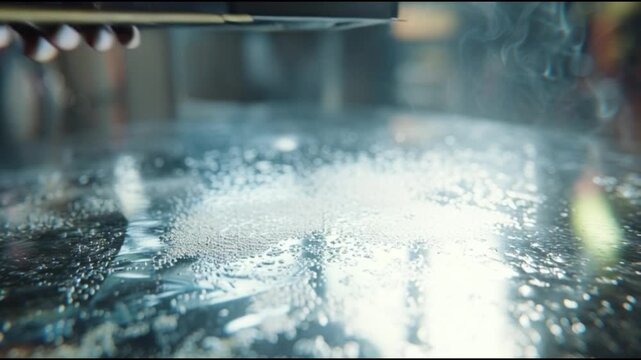 Video card displaying a close-up of water droplets on a wet surface with a shallow depth of field suitable for industrial or scientific applications in a laboratory setting with a cool,