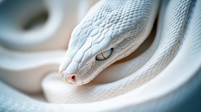 Close-up of a white snake coiled, showcasing its scales and eye, with soft lighting and a blurred background.