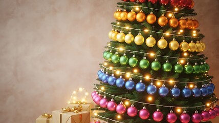 Christmas tree with rainbow ornaments, sparkling lights, and festive gifts