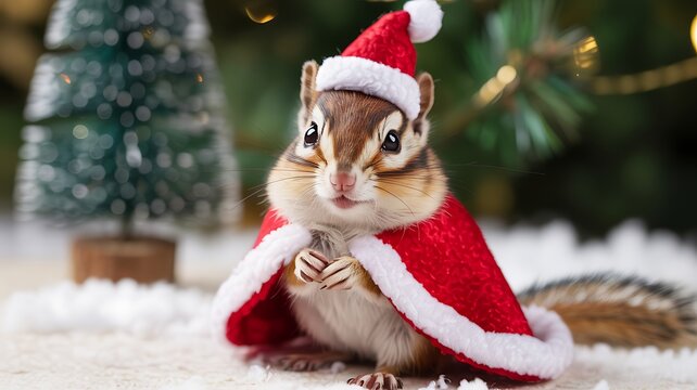 Cute chipmunk in festive santa hat and red cape with mini christmas tree