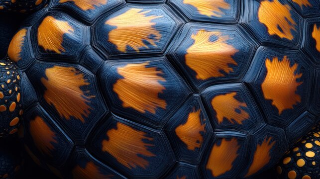 Turtle shell texture with copy space. Close-up turtle pattern. Reptile shell design. Turtle scales. Realistic turtle shell. Turtle design texture. Detailed turtle shell close-up. Wild Animal texture.	