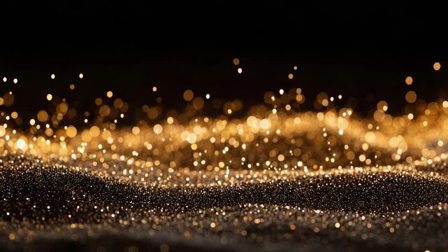 Golden glitter sprinkled on a dark surface, glimmering with tiny bokeh lights.