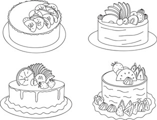 A set of four hand-drawn fruit-topped cake illustrations in clean black-and-white outline style. Includes various decorative cakes for coloring books, bakery branding, menu graphics, stickers