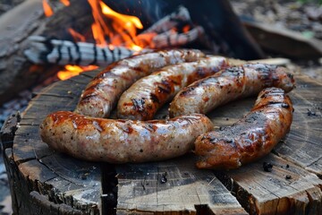 Juicy sausages grilling over a campfire on a wooden log