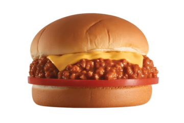 Sloppy joe sandwich with melted cheese and tomato isolated on transparent background