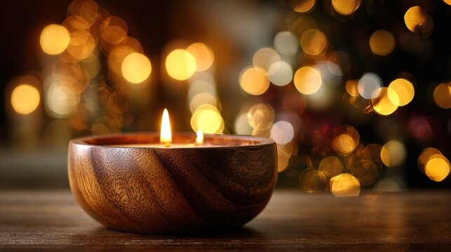 Warm candle glow in wooden bowl against a blurred festive background with lights, creating a cozy and inviting atmosphere for winter celebrations. High quality