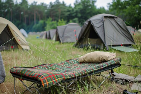 Cozy camping setup with tents and a cot in a grassy field