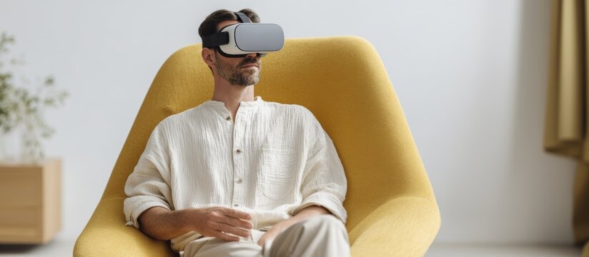 Man relaxing in yellow chair while experiencing virtual reality in modern living space