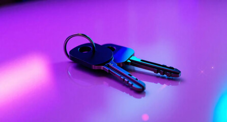 A dramatic, close-up shot of two metallic keys on a ring, resting on a reflective surface illuminated by vibrant neon blue and purple light.
