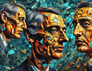 A surreal portrait of a man with his face breaking into vibrant geometric fragments, symbolizing a fractured identity and the inner struggle between conflicting parts of the self.