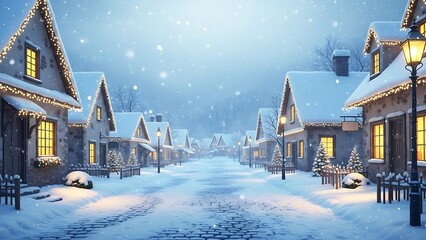 Snow-covered village street at night with illuminated houses and falling snow