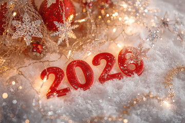 2026 New Year's Eve card with Christmas tree decorations, red numbers 2026. Christmas or New Year background.