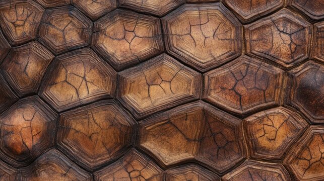 Turtle shell texture with copy space. Close-up turtle pattern. Reptile shell design. Turtle scales. Realistic turtle shell. Turtle design texture. Detailed turtle shell close-up. Wild Animal texture.	