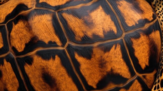 Turtle shell texture with copy space. Close-up turtle pattern. Reptile shell design. Turtle scales. Realistic turtle shell. Turtle design texture. Detailed turtle shell close-up. Wild Animal texture.	