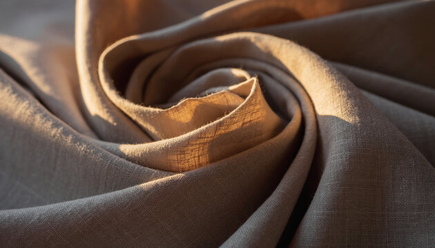 Close-up of natural beige fabric with a textured surface, folded into a spiral pattern, illuminated by warm light.