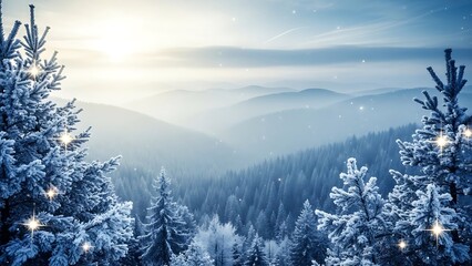 Snow-covered pine trees in a misty mountain landscape at sunrise
