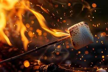 Marshmallow toasting over a lively campfire with bright sparks flying