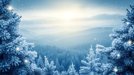 Snow-covered pine trees in a serene winter landscape with distant mountains and soft sunlight