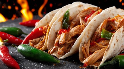 Delicious tacos piled high with tender meat and vibrant vegetables sit on a dark serving stone