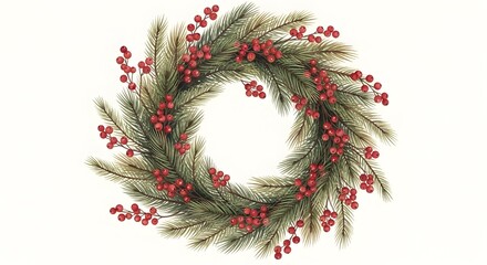 A festive illustration of a classic holiday wreath, beautifully adorned with lush evergreen foliage and vibrant red berries, perfect for winter celebrations and seasonal decor