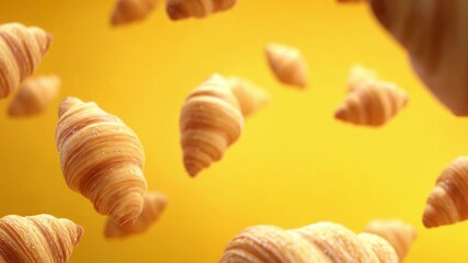 Croissants falling slowly against a vibrant yellow backdrop, showcasing their flaky texture and golden color in an artistic display