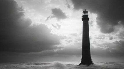 Dramatic lighthouse stands tall against a stormy sky.