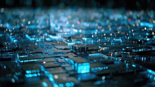 Close-up of a blue-lit circuit board with densely packed chips and circuitry.