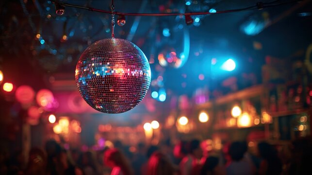 Disco ball hangs in a vibrant nightclub, reflecting colorful lights onto a blurred crowd of dancing people.  A festive and energetic atmosphere. High quality