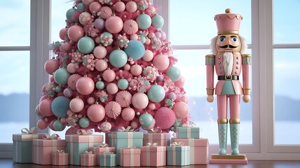 Fototapeta premium Whimsical pastel pink christmas tree, nutcracker, gift boxes, holiday season