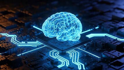 A glowing blue brain on a microchip with circuit board pathways