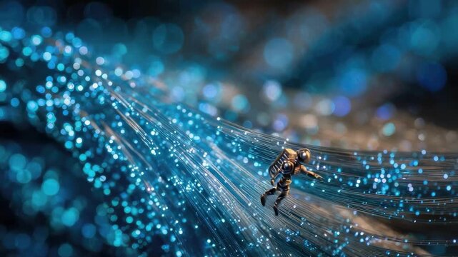 A tiny astronaut walks along a blue fiber optic web of light.