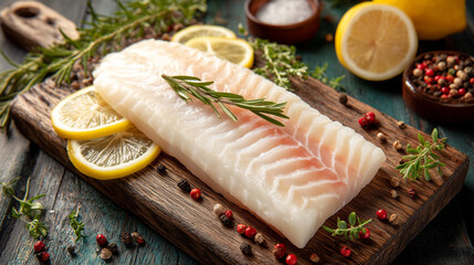 Fresh raw fish with herbs gourmet cooking concept