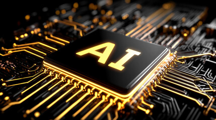 Futuristic AI processor with golden circuitry