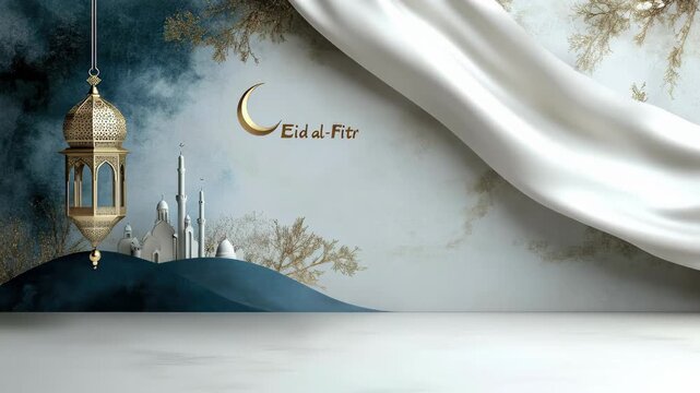 Golden lantern Islamic crescent moon Muslim mosque celebration festive greeting background with white fabric drape and elegant decorative elements marking Eid al-Fitr, the Lesser Eid or Sugar Feast.