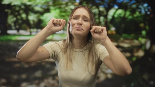 Young woman making funny crying faces outdoors in park setting during daytime surrounded by green trees wearing casual clothing captured mid laugh and expression change