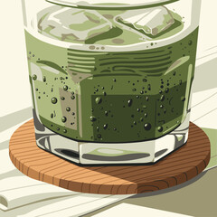 An invigorating green iced drink in a faceted glass, complete with condensation and a stylish wooden coaster, offers a cool and healthy refreshment.