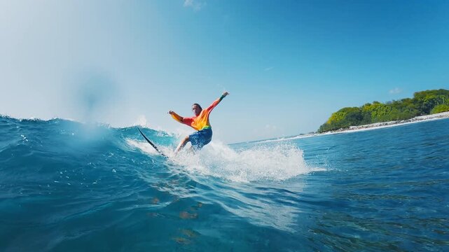 Teen boy surfer rides the wave in the ocean in the Maldives and does radical snap on the section. Set of clips with different speed and speed warp effects