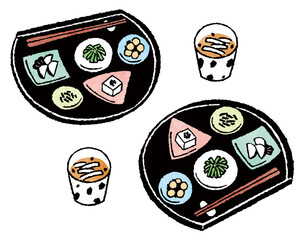 手描き風の和食セット料理を並べたイラスト（家庭料理・小鉢付き）
