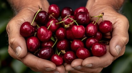 On a bright day, a farmer collects vibrant red cherries in his hands from lush cherry trees. The moment captures the joy of harvest and the beauty of nature's bounty