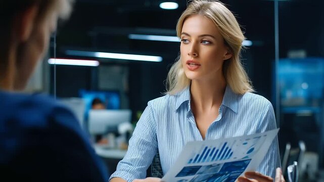A manager and an employee, having a performance review, looking at a printed report with charts, formal meeting, professional, constructive